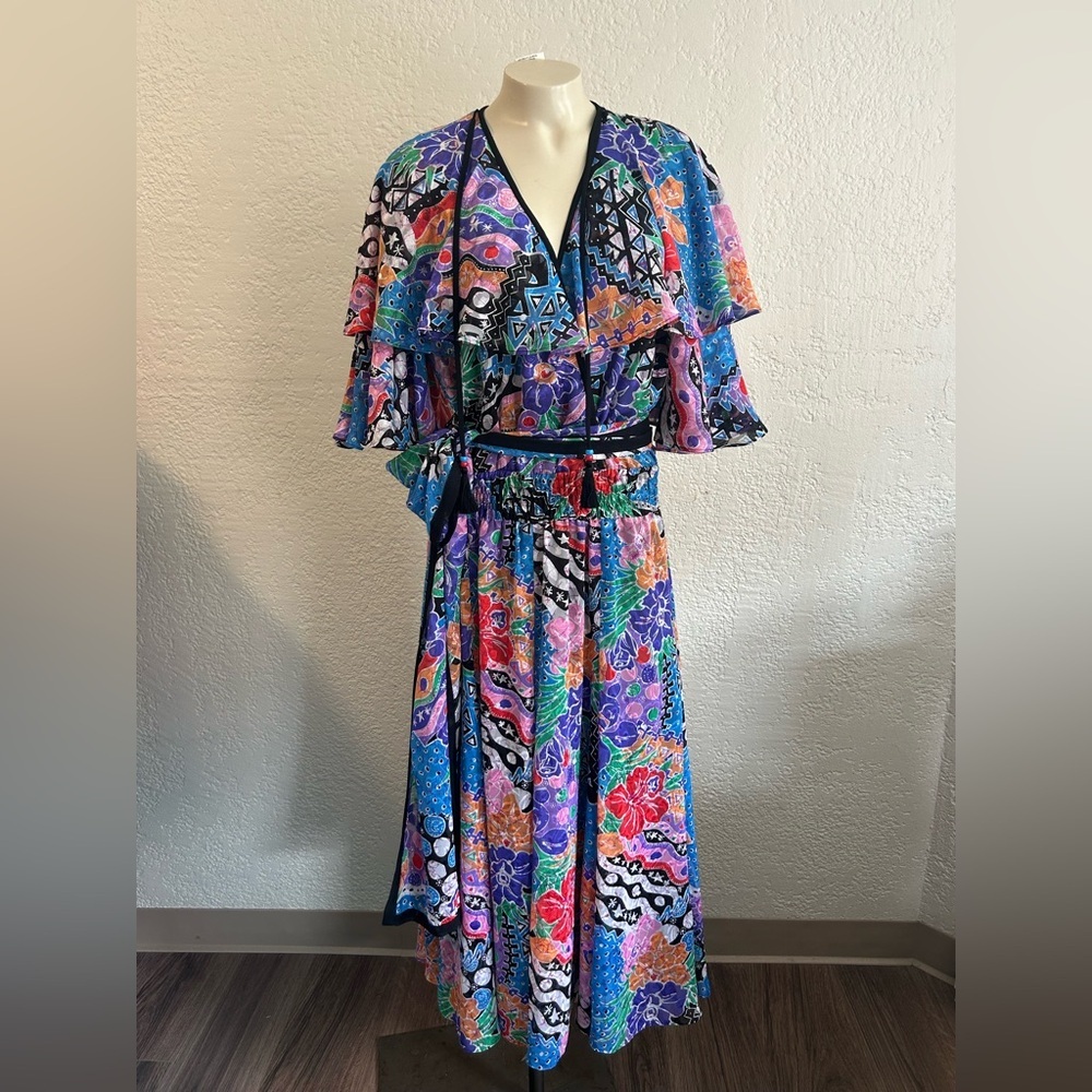 Diane Fres vtg Elegant Pink Blue Flutter Sleeves maxi dress SZ M/L ? As is